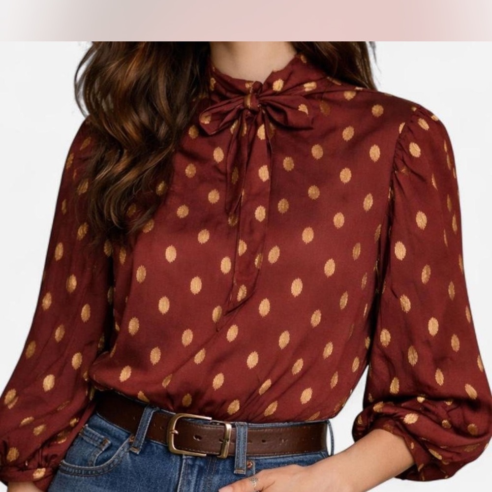 Burgundy Gold Polka Dot Tie Neck Blouse